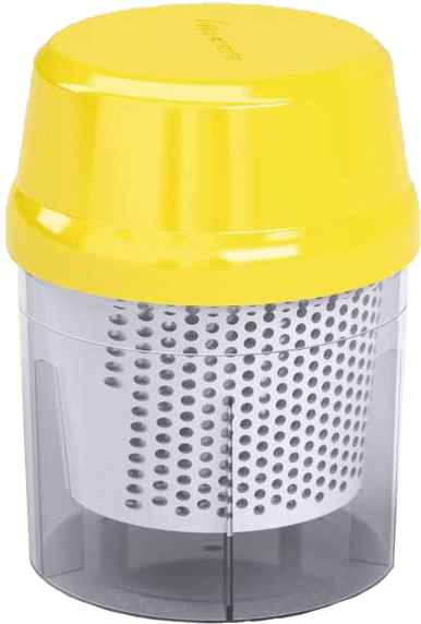 Varroa Easycheck device. A clear plastic cup with a perforated cup inside of it with a yellow cap to help in shaking.